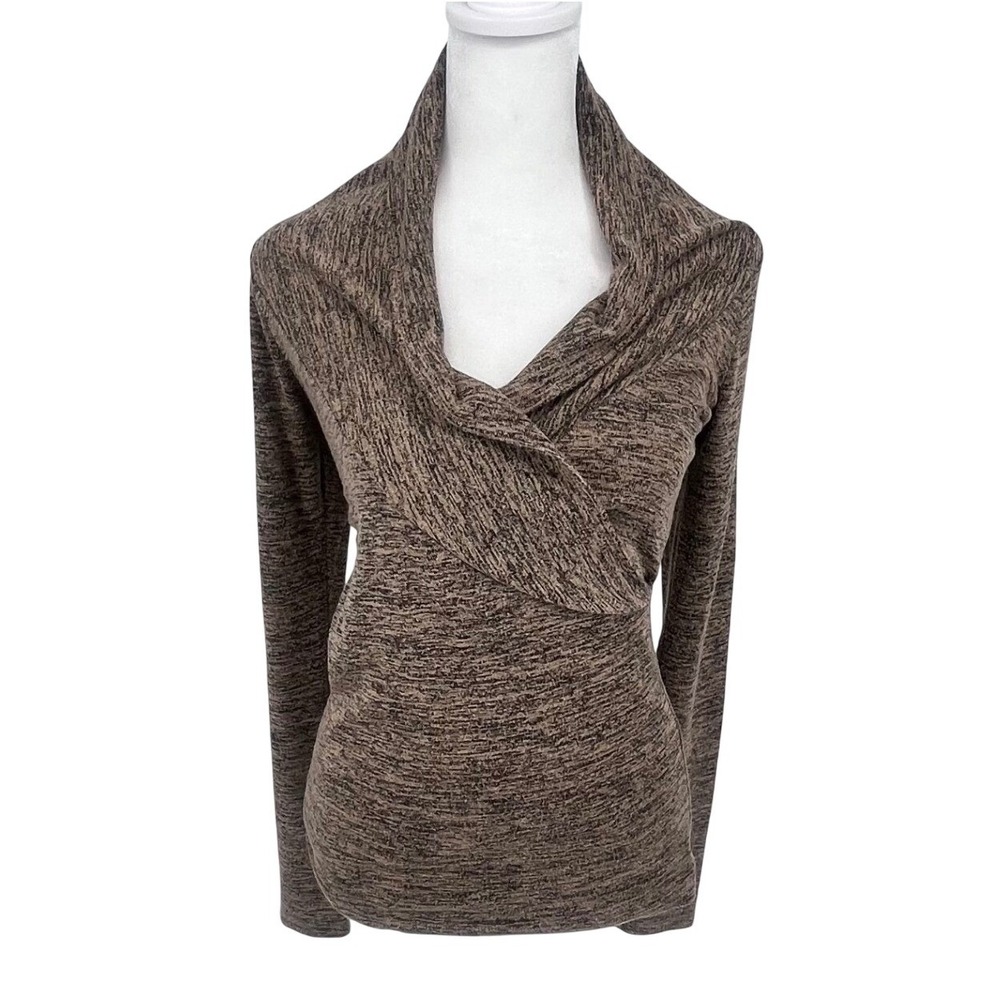 Vintage "Team" Shawl Collar Top Women Small Brown Marled Space Dye‎ Faux Wrap